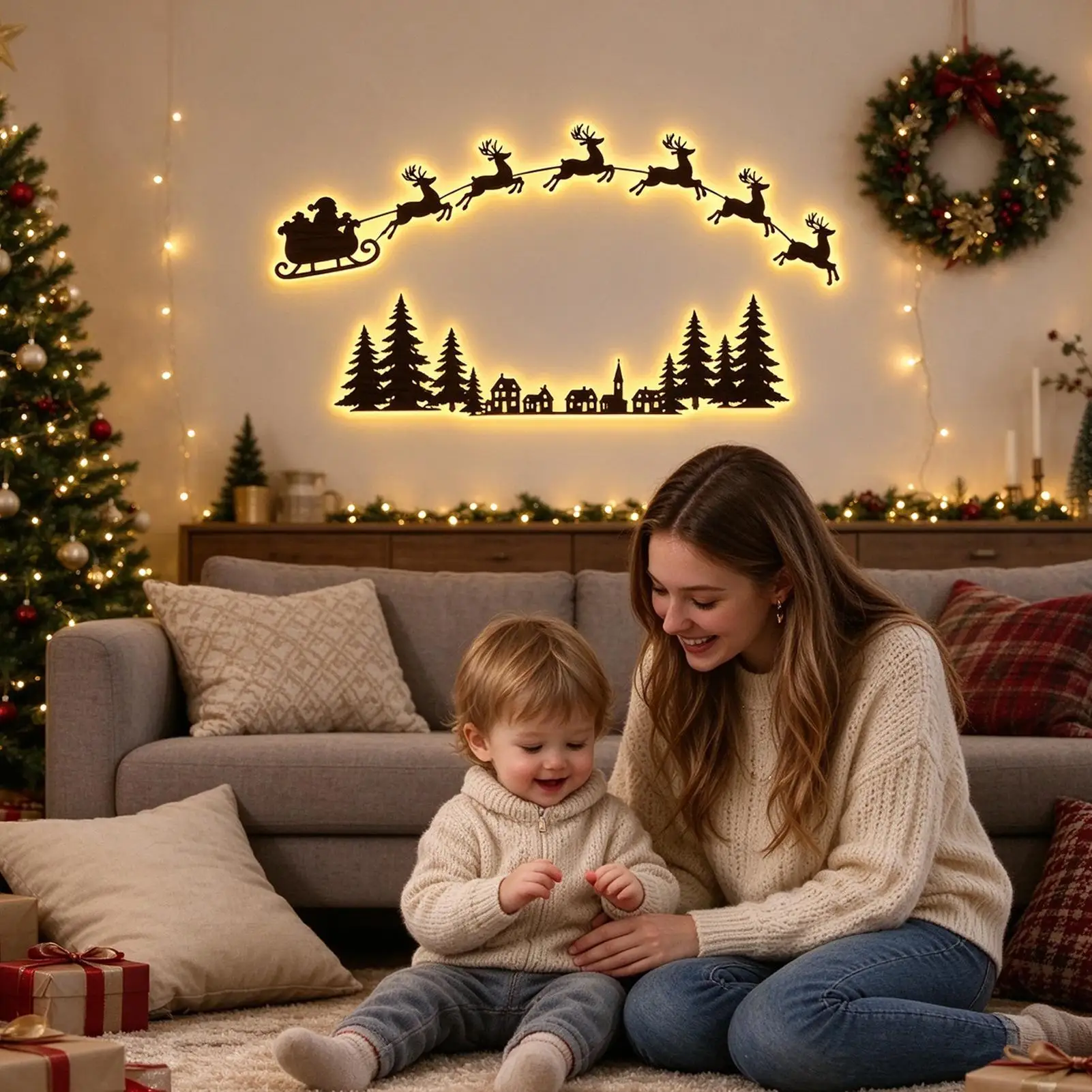 Lighted Santa Sleigh Reindeer Christmas Wall Decor Remote Set,Warm White Glowing, Wooden Cutout Design, Flexible Layout