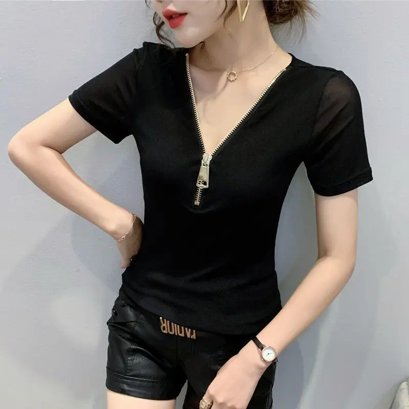 New Summer Women's Solid Colors V-Neck Zipper Short Sleeve Lace Gauze Sexy Pullovers Appear Thin Classic Fashion CommuteTops