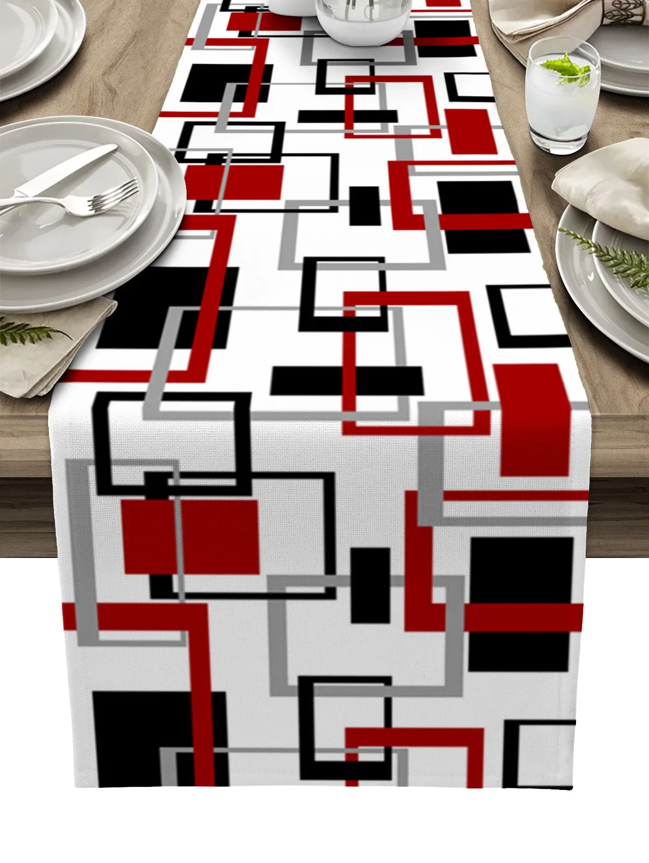 Abstract Geometry Squares Modern Art Black Red Linen Table Runners Kitchen Table Decoration Dining Table Wedding Party Supplies