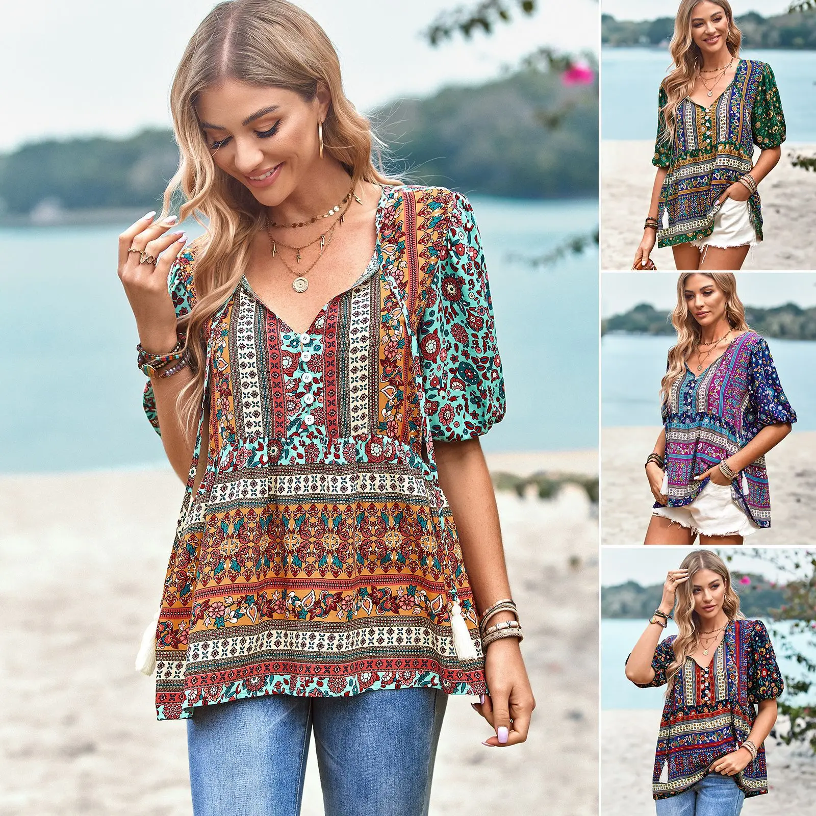 

Summer New Fashion Boho T-shirt Women's Bohemian Clothes Female Tops