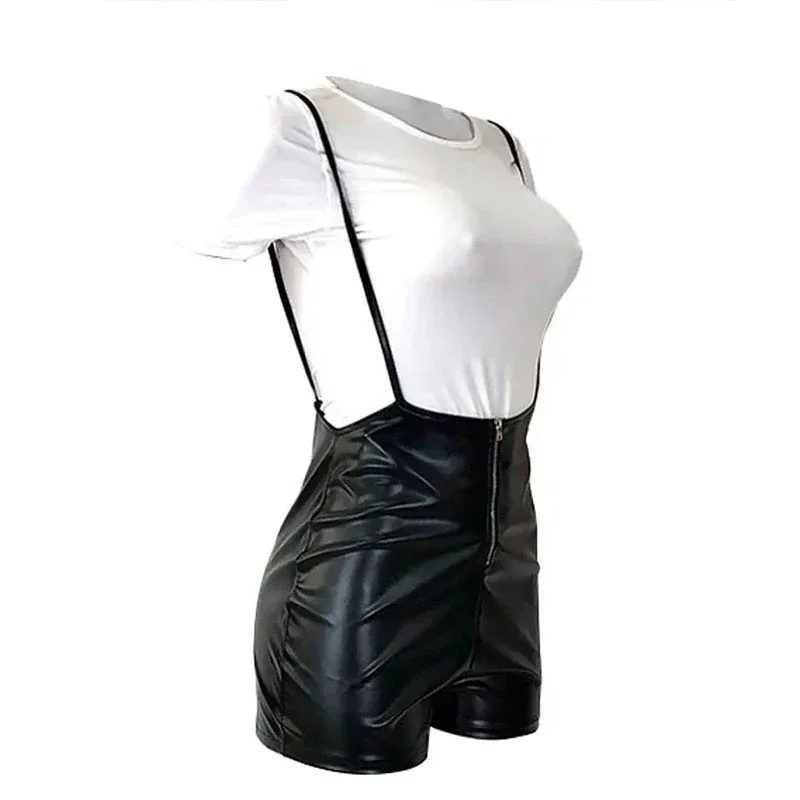 Women Faux Leather Suspenders Playsuits Ladies Sexy Stretch PU Bodycon Spaghetti Strap Shorts Jumpsuits Party Clubwear Custom