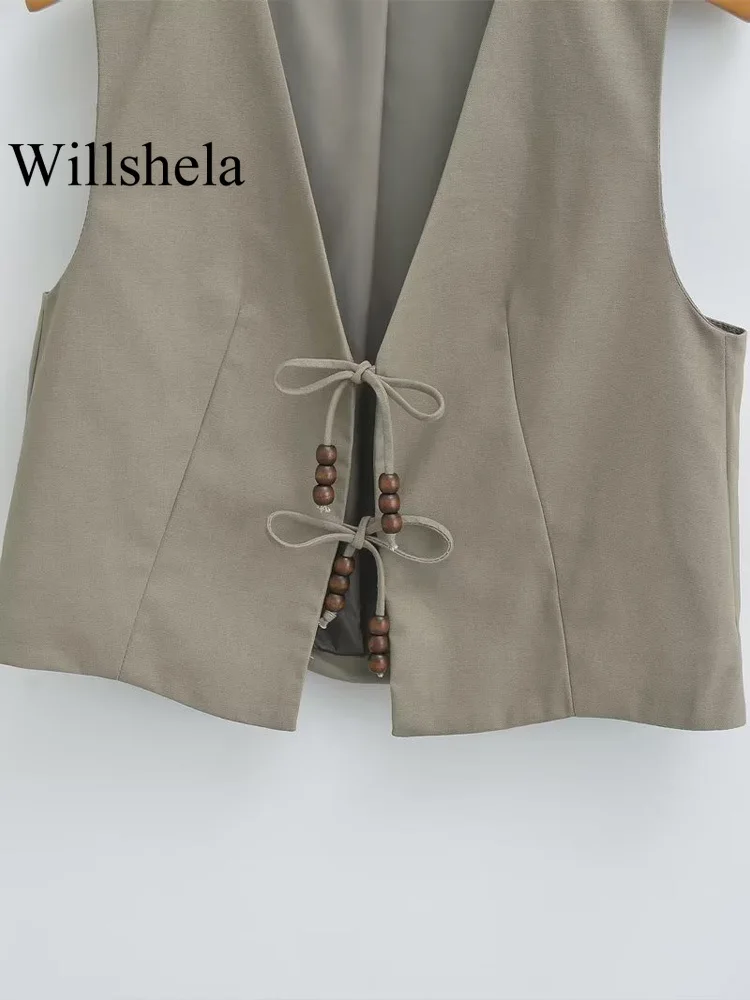 Willshela Women Fashion With Beading Army Green Lace Up Vest Sleeveless Jackets Vintage V-Neck Waistcoat Female Chic Tank Tops