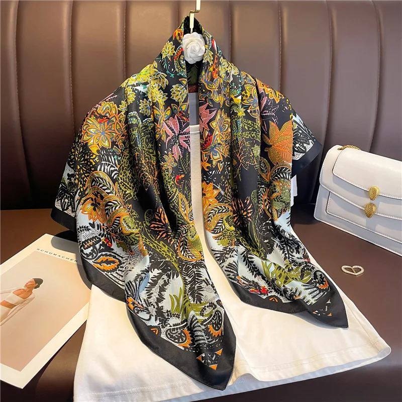 90cm Silk Twill Square Scarf For Women Spring Print Hair Band Hijab Foulard Sunscreen Neckerchief Shawl Wraps Echarpe New