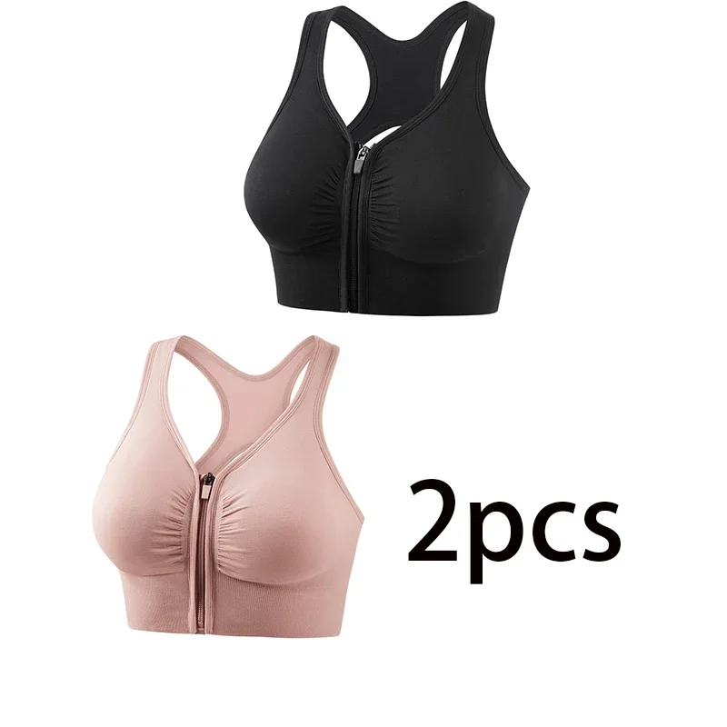 

2PCS Women's Sports Bras Tights Crop Top Yoga Vest Front Zipper Plus Size Bras for Women Shockproof Gym Fitness Athletic