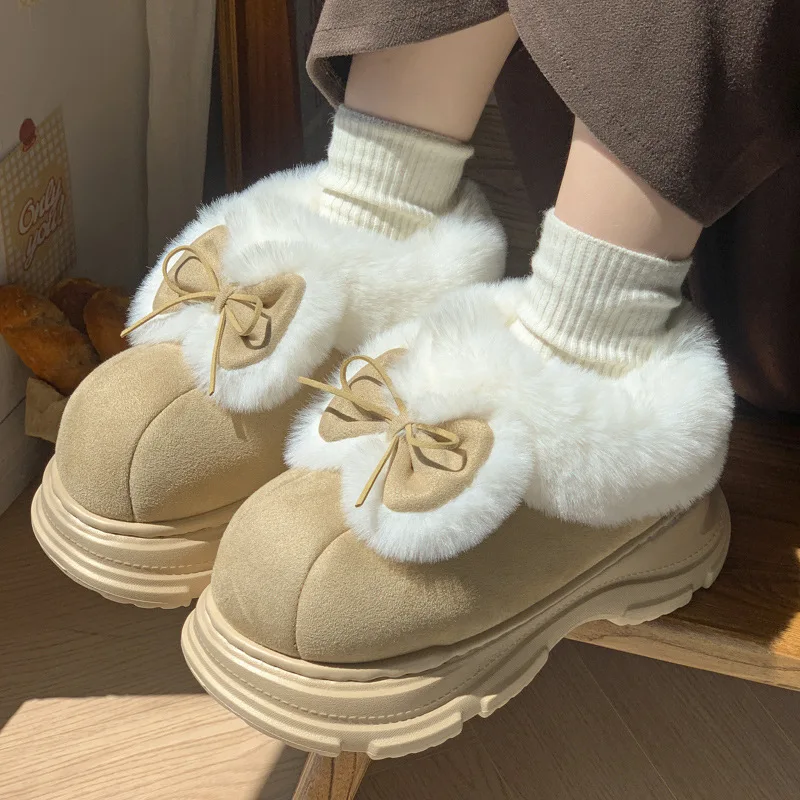Warm Faux Fur Fluffy Slippers For Women Winter Platform Shoes Soft Plush Thick Sole Cute Bow Girls Indoor Street Snow Boots - view 3