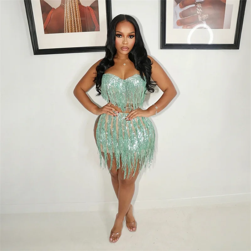 

Сексуальные облегающие комплекты из двух предметов с блестками и кисточками, женские укороченные топы без бретелек без рукавов и мини-юбки, женская одежда для ночного клуба