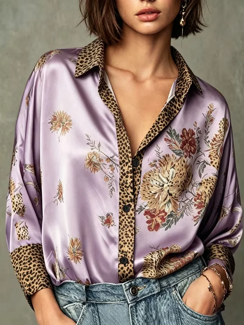 New taro purple leopard print patchwork retro floral long sleeved shirt, lazy women's casual vacation shirt