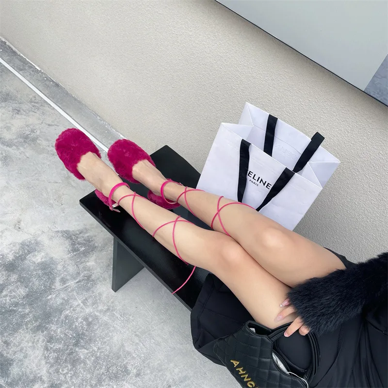 Designer Cross-tied Plush Shoes for Women Fashion Square Toe High Heels Sandals 2023 Winter New Luxury Faux Fur Mary Jane Shoes