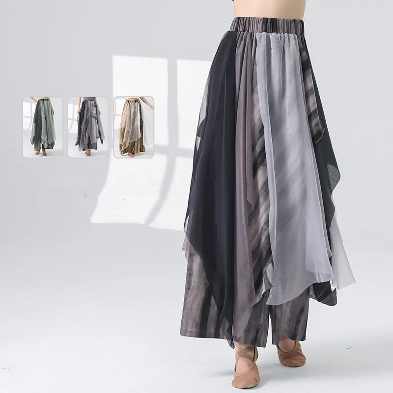 Loose Wide Leg Skirt Pant Women Classical Modern Dance Culottes Flowy Print Layers Training Show Wear Stage Performance Costume