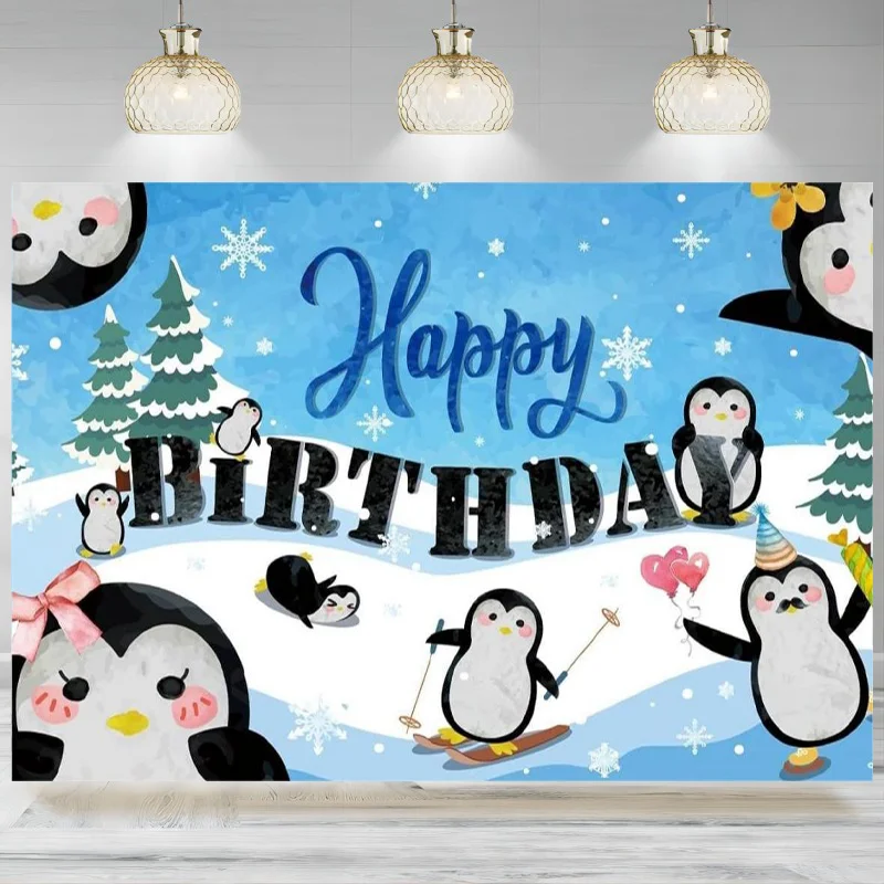 

Penguin Backdrop Snowflake Theme Photographic Background Winter Christmas Girl Boy 1st Birthday Party Cake Table Banner Photo