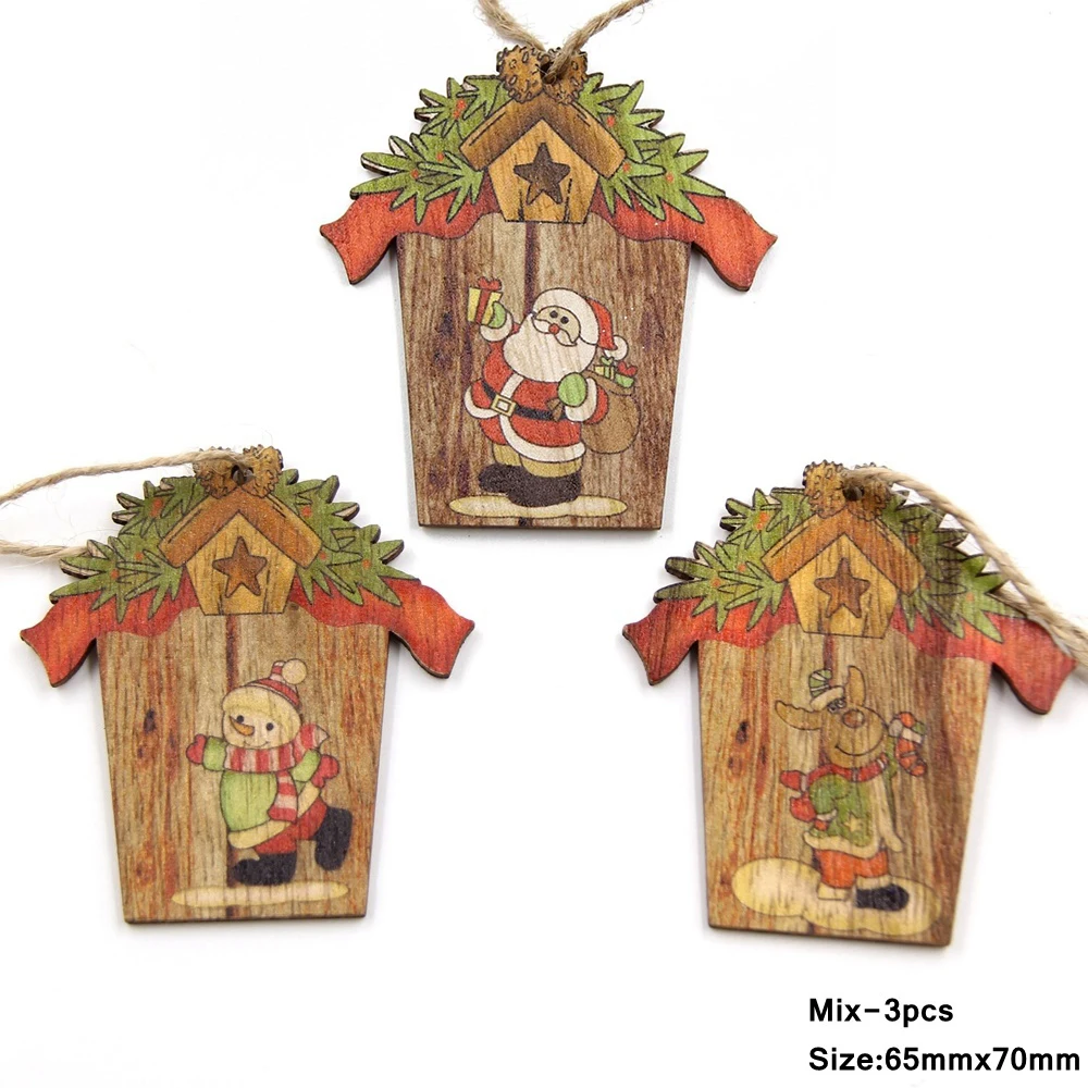 3PCS Christmas Wooden Hollow Pendants Carton Deer/Santa Claus Hanging Ornaments for Navidad Party Tree Decorations DIY Gifts