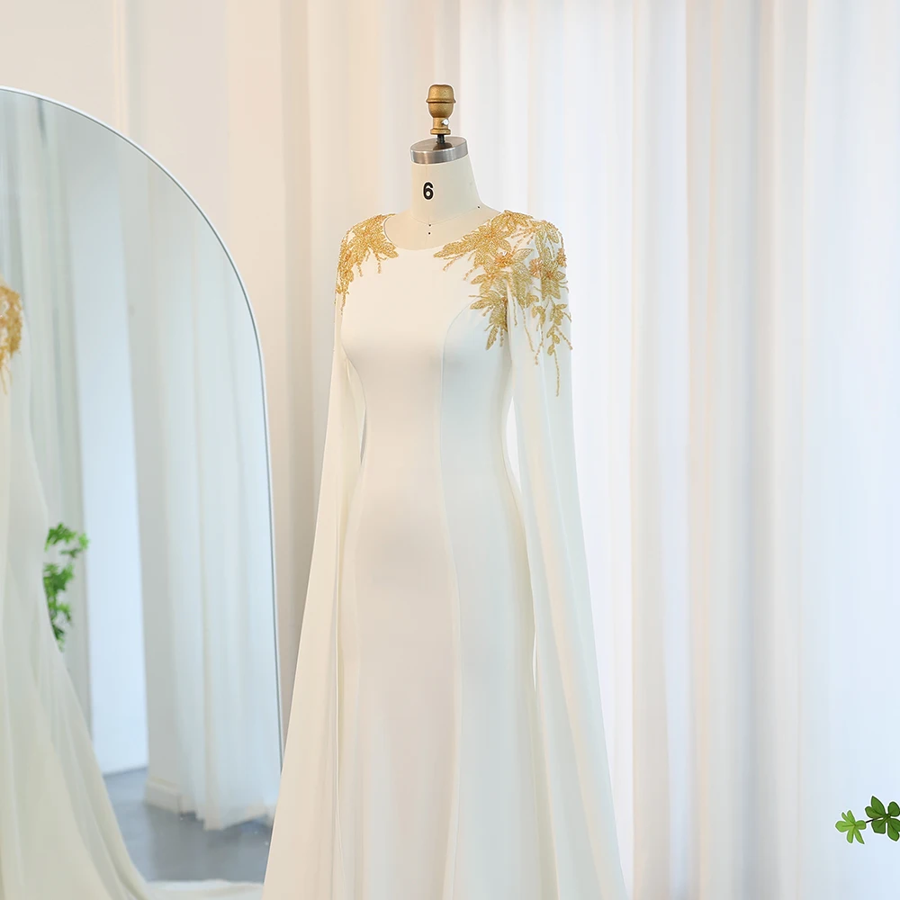 white and gold long sleeve prom dress Two Tone Gold Lace White Jersey Sleeved Dramatic Mermaid Prom Dress main image 1