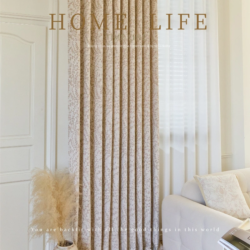 French cream jacquard blackout curtains for living room and bedroom Custom Size White Tulle thick modern fabric sheer  Fashion