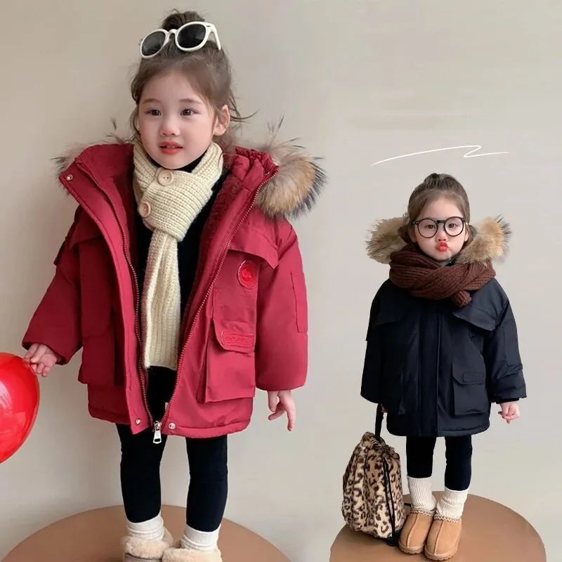 

Winter Kids Fur Collar Down Coats Autumn Children Cotton-Padded Jackets Girls Clothing Baby Fur Hooded Outerwear Parka 2-9 Years