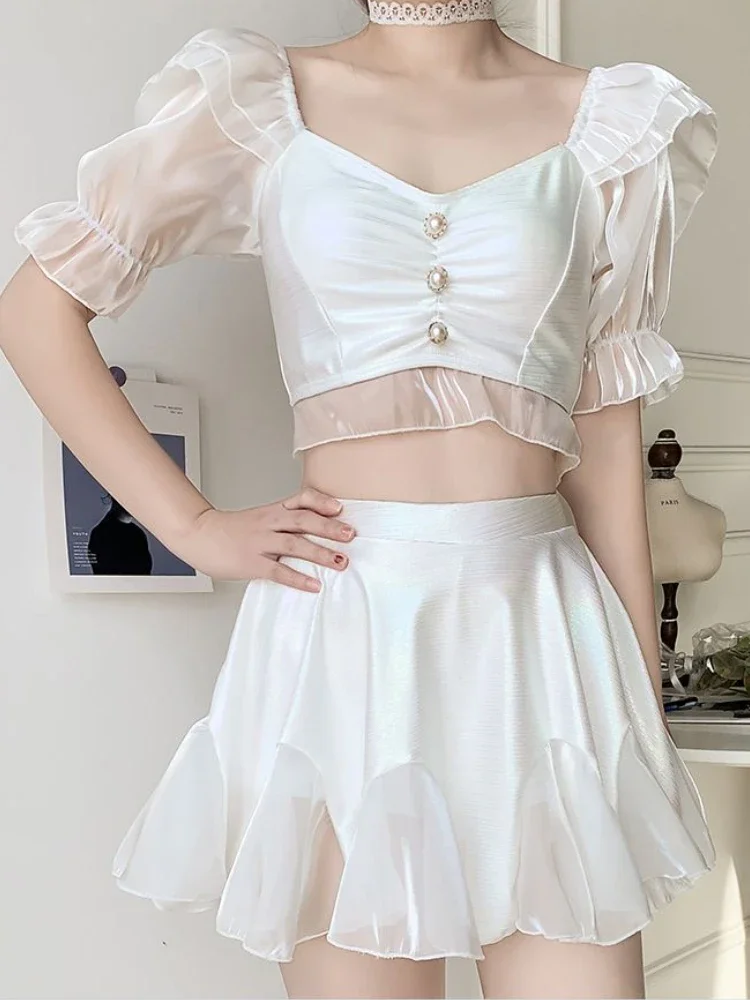 أطقم بيكيني برباط علوي سادة أكمام منتفخة مكشكشة موضة صغيرة على الشاطئ ملابس سباحة للعطلات الصيفية البنت أنيقة #4