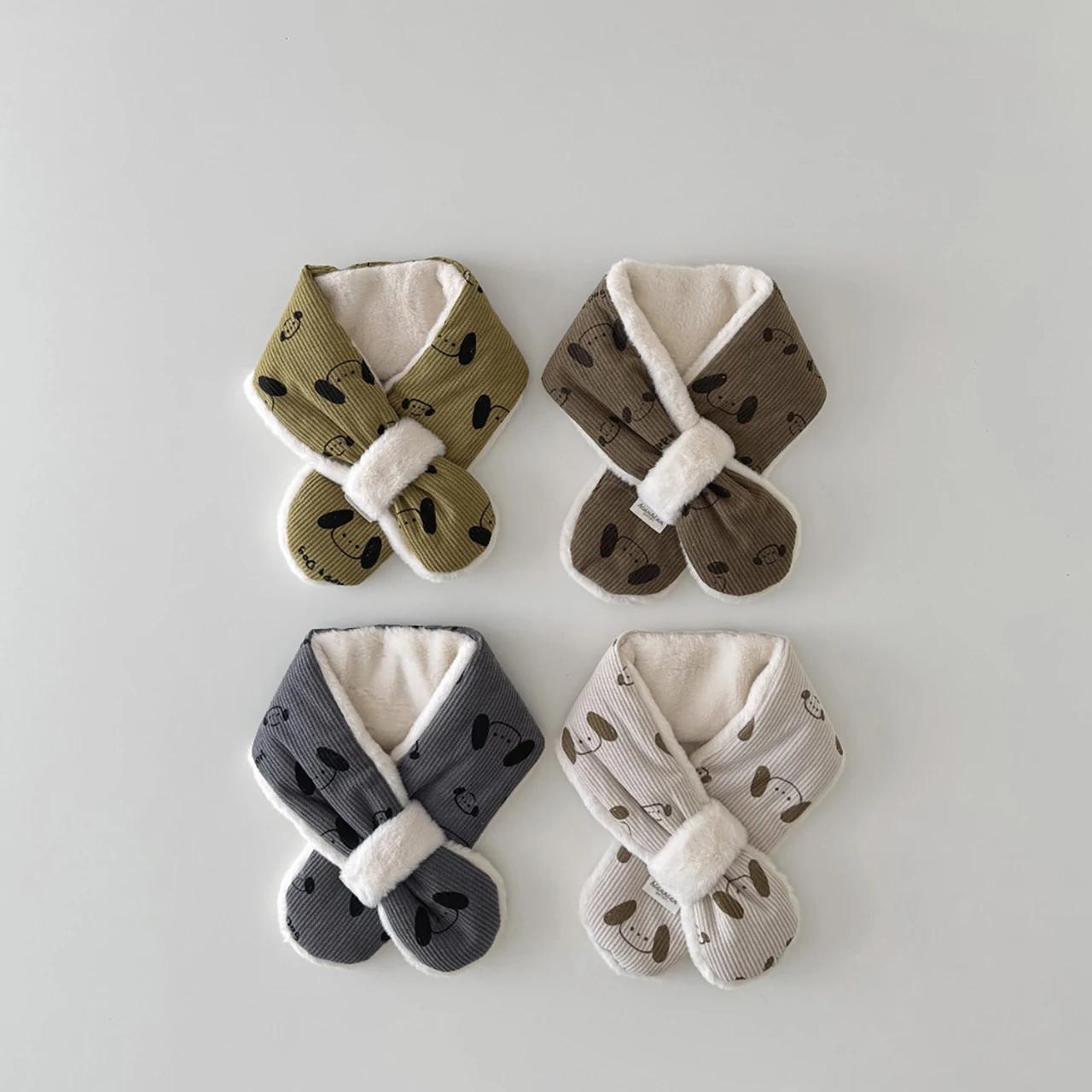 Cartoon Cute Puppy Baby Scarves Winter Warm Thicken Soft Cotton Plush Cross Neckerchief Boy Girl Toddler Kids Anti-cold Scarves