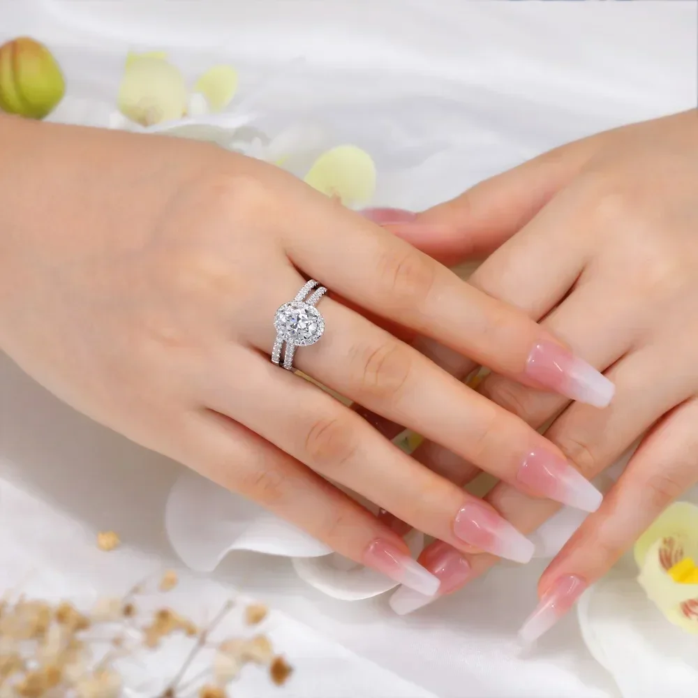 LinkerLove 2ct Oval Moissanite Engagement Ring with Halo for Women 925 Sterling Silver Diamond Wedding Band Bridal Fine Jewelry