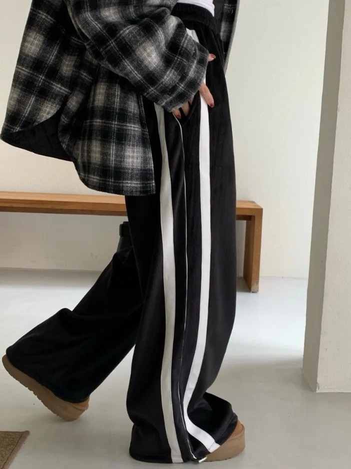 الكورية Sle عالية الخصر بنطال ذو قصة أرجل واسعة المرأة Faionable بناطيل كاجوال مرونة الخصر Fce اصطف الجانب التعادل الأشرطة #3