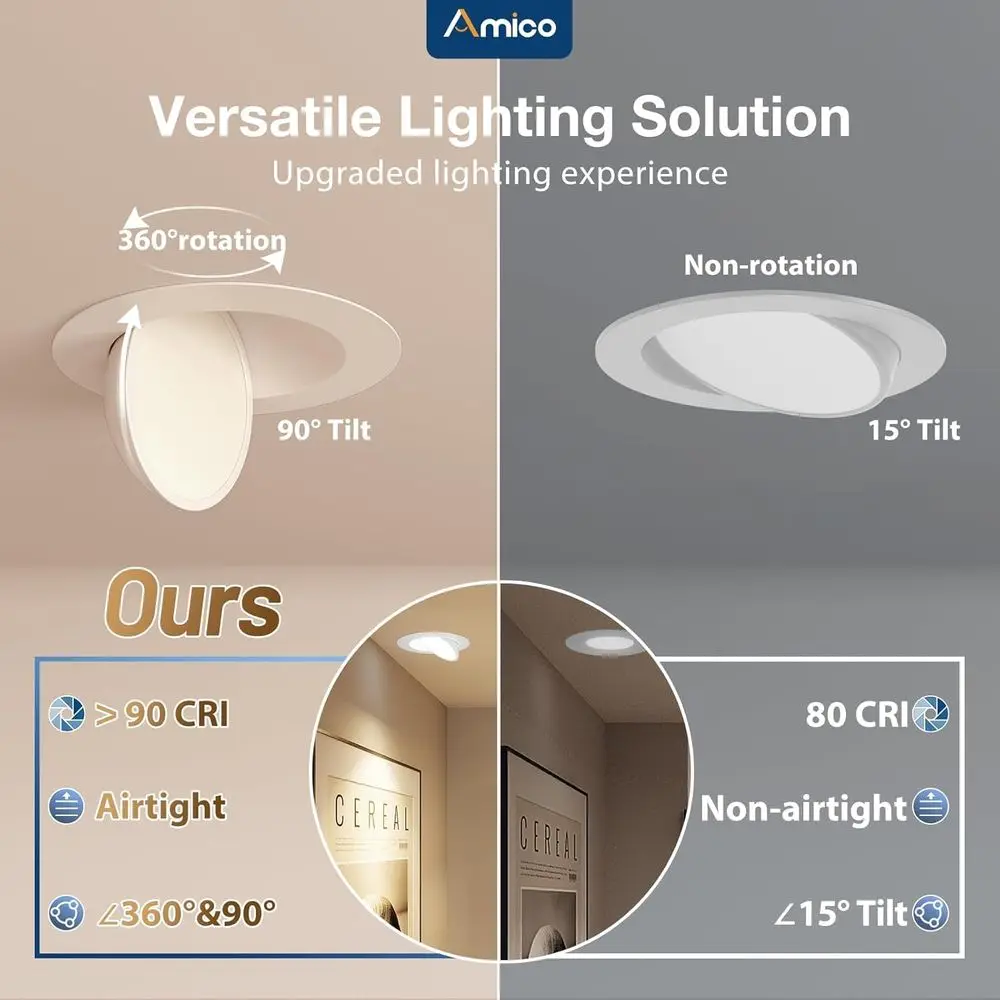 Pacote com 6 Luminárias LED Embutidas de 6 Polegadas 5CCT, 360 ° &90 °   Luminária Direcional Ajustável, Regulável, 2700K/3000K/3500K