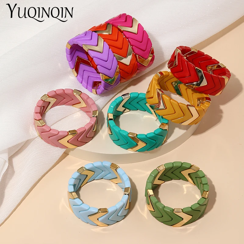 Fashion Colorful Resin Wide Bracelets for Women Men Bohemian Adjustable Chain Bracelet Bangles Charms Multicolor Jewelry Elastic