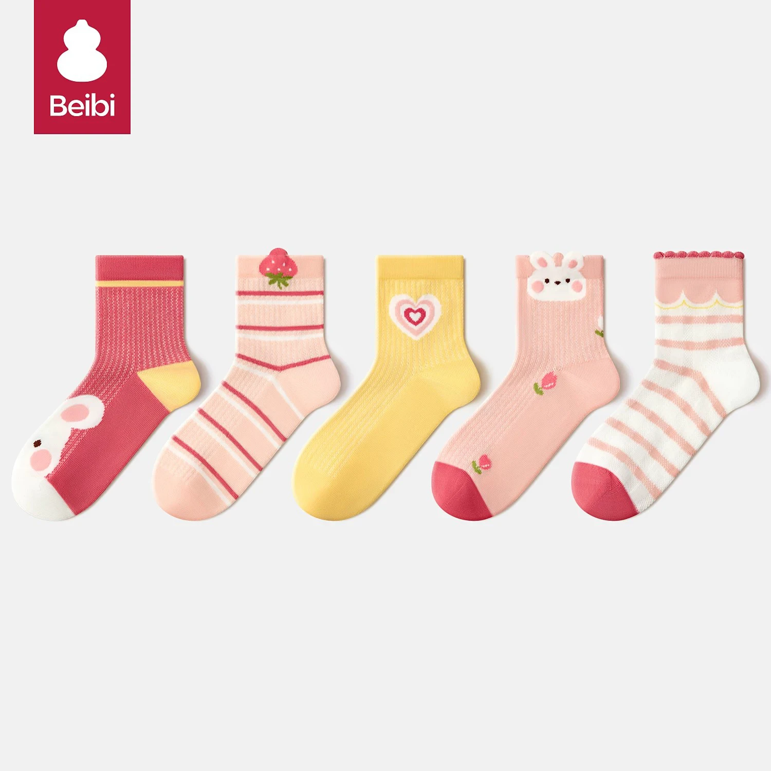 Beibi 5-Pair Spring and Summer Thin Mid-Calf Socks, Pink Strawberry Rabbit Cartoon Print Pattern, Suitable for Ages 3 and Above