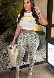 STYLISH LADY Letter Printed Fitness 2 Piece Set Women Short Sleeve Crop Top and Skinny Pant Suits 2025 Casual Street Tracksuits