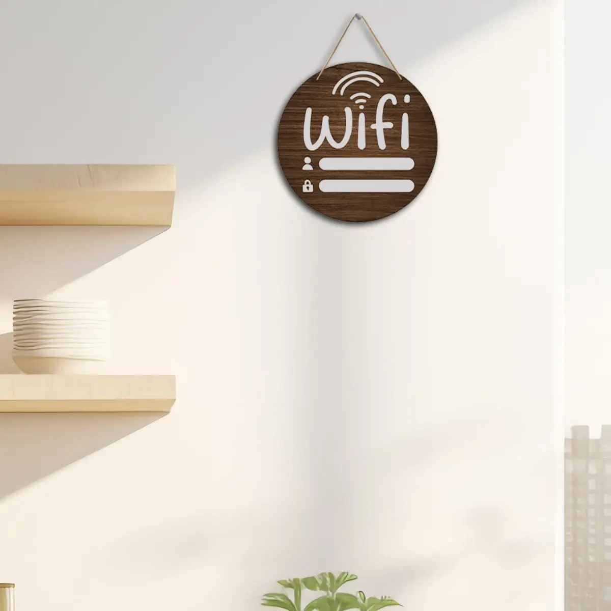 2D Flat - 2D Retro Flat Circular Wi-Fi Password Sign - Home Wi-Fi Password Wooden Hanging Decor - Suitable for Home Office, Stor