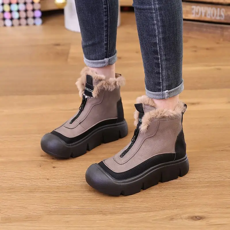 Trendy Color Blocked Short Boots 2024 Winter New Round Head Flat Bottom Casual Warm Short Tube Thick Bottom Women\'s Cotton Boots