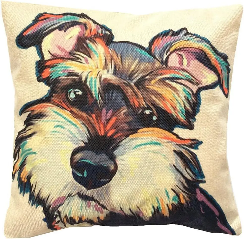 Rainbow Schnauzer Pillowcase, Colorful Dog Portrait Print, Pet Lover Cushion Cover, Living Room Square Throw Pillow Case