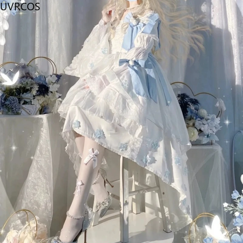 Victorian Vintage Lolita Princess Dress Women Sweet Elegant Lace Bow Rose Flower Fairy Dress Japanese Kawaii Evening Party Dress