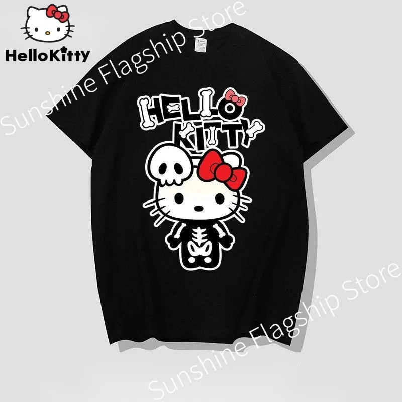 Sanrio Gothic Hello Kitty Halloween Clothes Women's Skeleton Black Tops Bone Printed Short Sleeve Y2k Streetwear Couples T-shirt