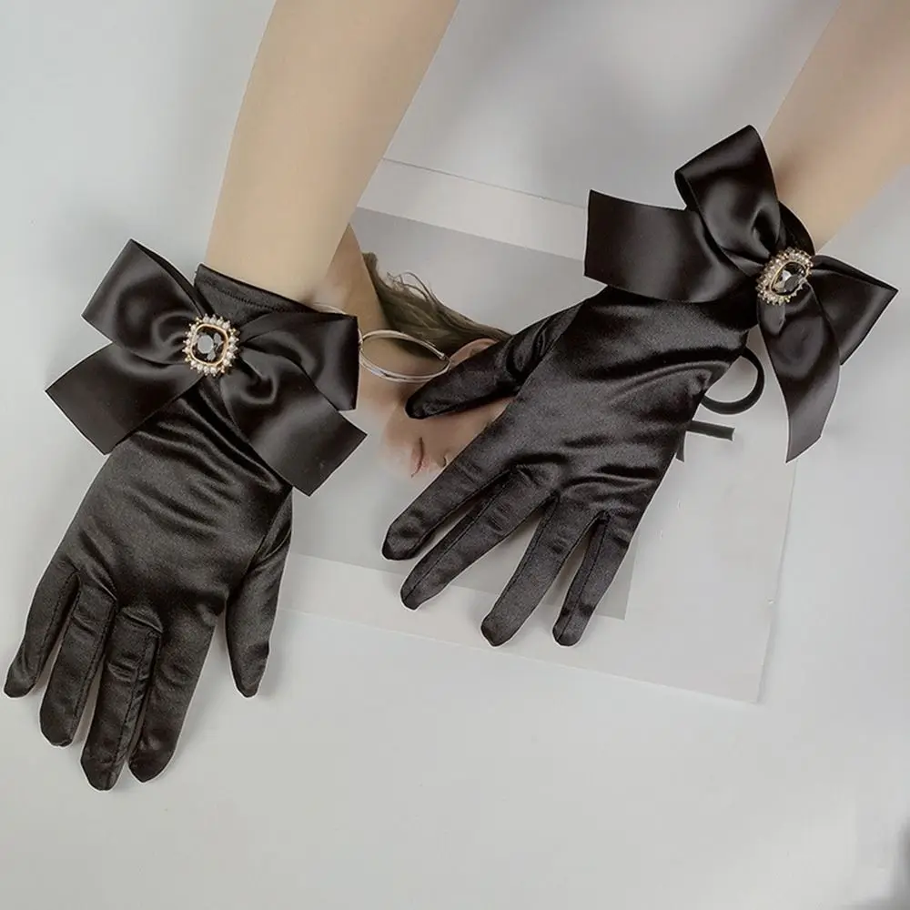 Protection Women Bowknot Rhinestone Black White Prom Dinner Gloves Women Gloves Satin Mittens Wedding Bridal Gloves Bow Gloves