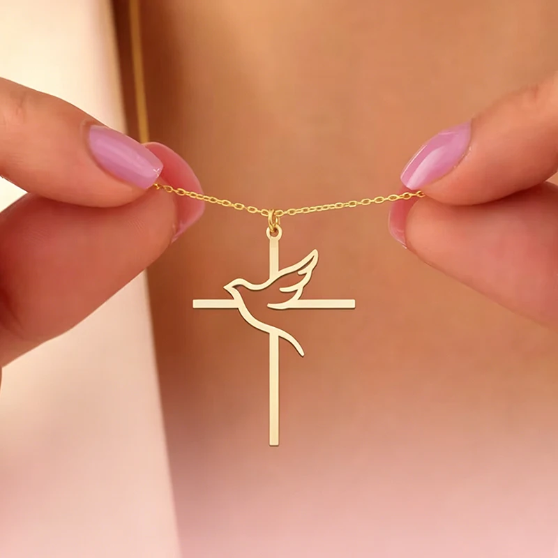 Kreuz-Friedenstaube-Anhänger-Halskette aus Edelstahl, vergoldet/versilbert, Glaubens-Schmuck, Geschenk für Frauen und Mädchen, Geburtstagsfeier