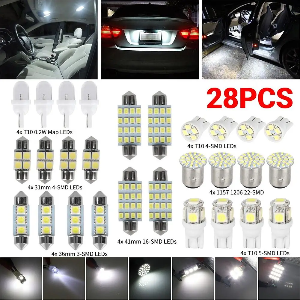 28pcs Car Interior Combo Led Bulb Kit 12v 6000k Map Dome Door Trunk License Plate Light Bulbs Replacement Indoor Car Lighting