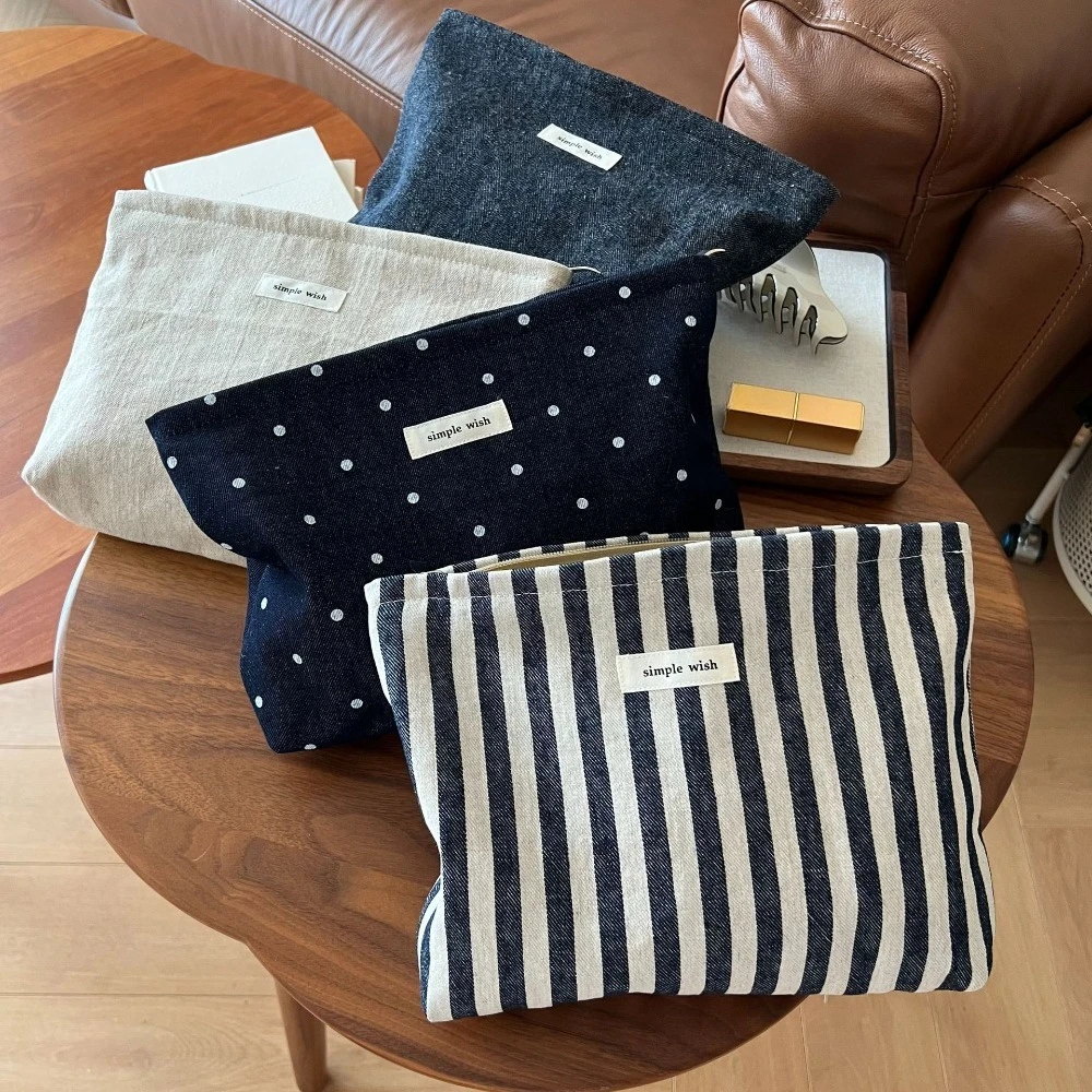 Fashion Striped Women Cosmetic Bags Retro Solid Color Storage Make Up Bags for Women Lady with Zipper Travel Bag Makeup Bag