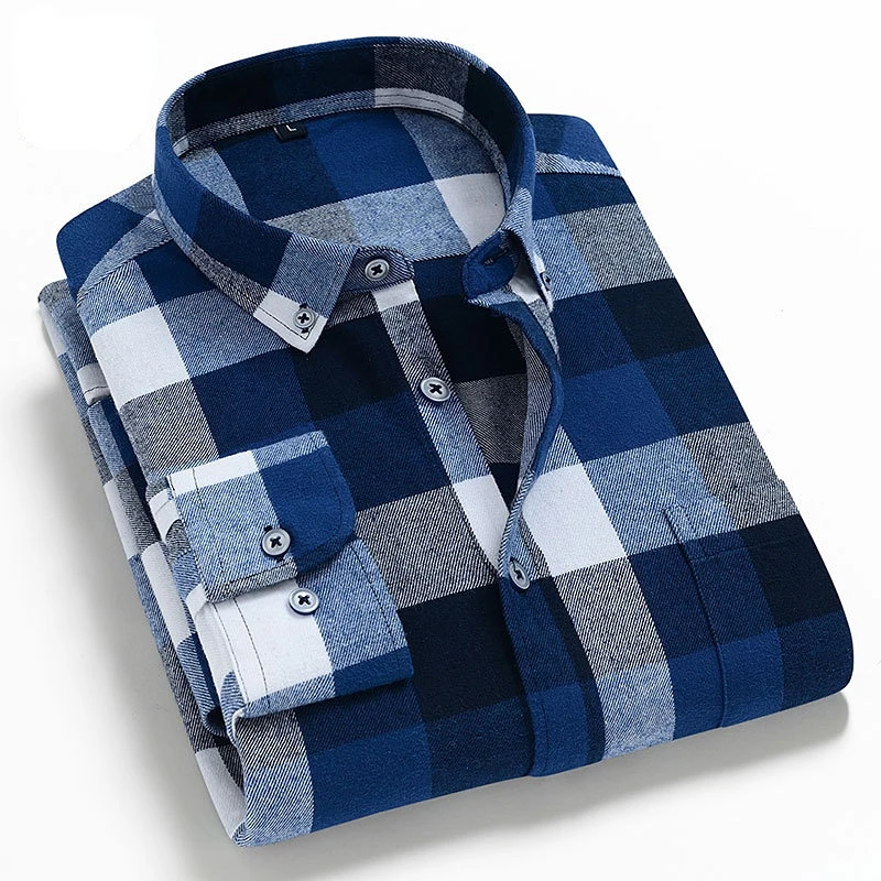 

New Men Plaid Casual Shirts Long Sleeved Checked Fashion Flannel Regular Fit Comfortable Pure Cotton Male Social Work Shirt