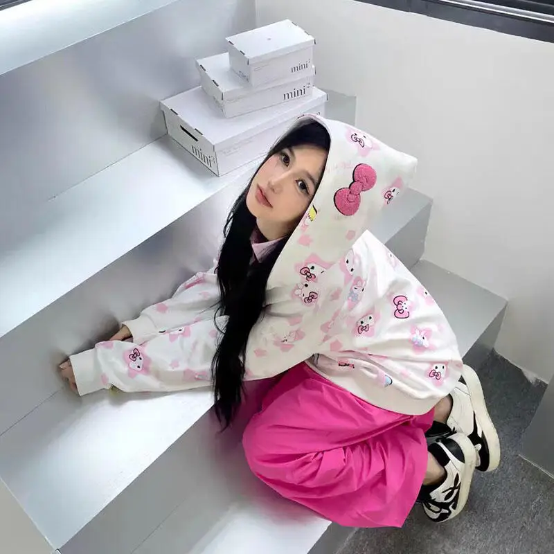 

Sanrio Hello Kitty Girl Kawaii Hooded Coat Sweatshirt Women New Spring Autumn Zipper Sweatshirt College Style Anime Jaeckt Tops