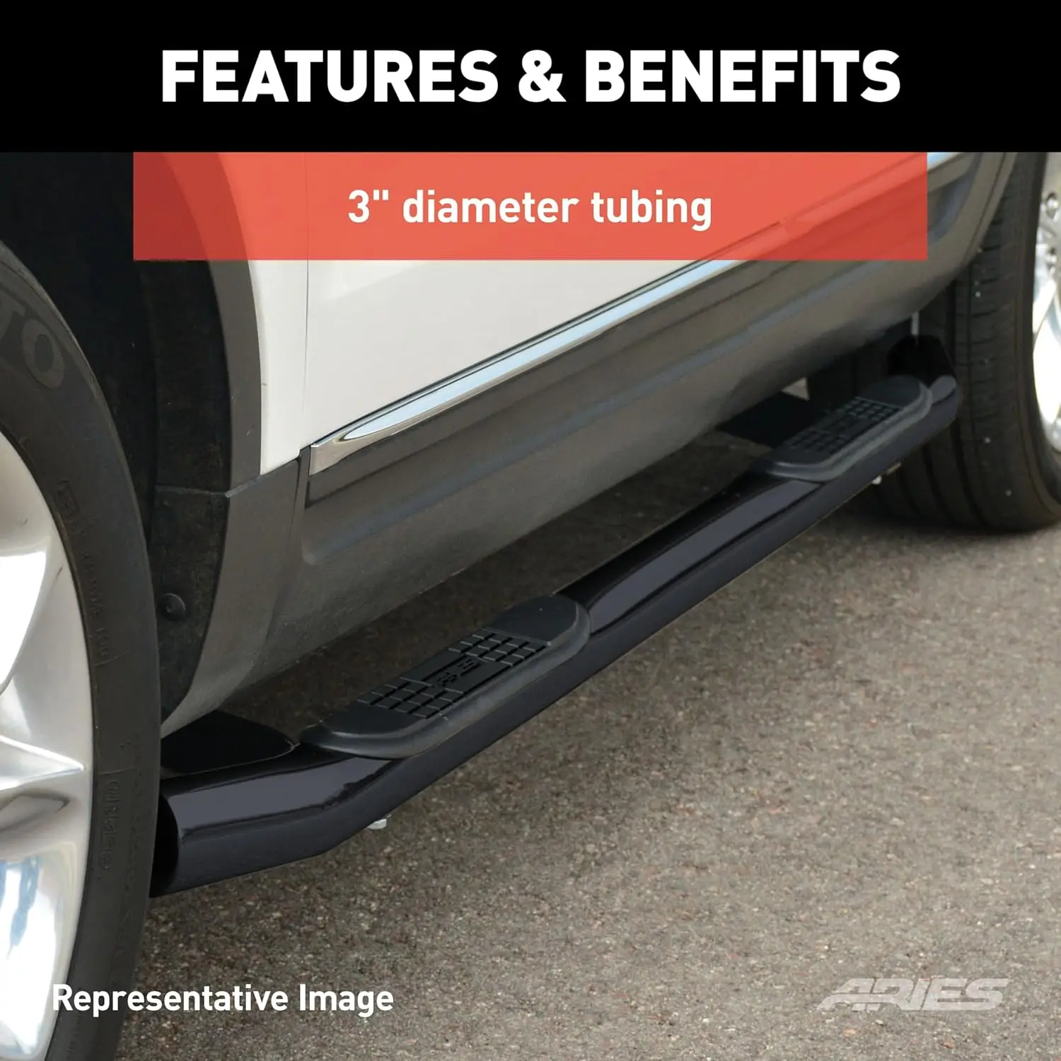 203006 قضبان Nerf مستديرة من الفولاذ الأسود مقاس 3 بوصات، بدون مثقاب، تناسب Select Ford Excursion، F-250، F-350 Super Duty