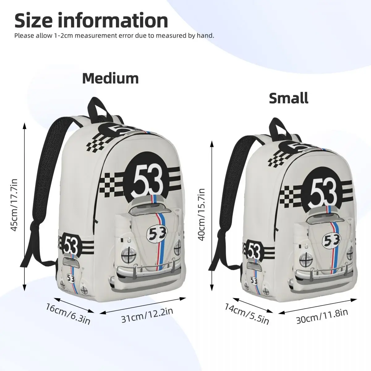 Herbie หมายเลข 53 กระเป๋าเป้สะพายหลังวัยรุ่นกลางแจ้งโรงเรียนรถแข่งผู้ที่ชื่นชอบ Stripe Daypack สําหรับผู้ชายผู้หญิงแล็ปท็อปคอมพิวเตอร์ไหล่กระเป๋า