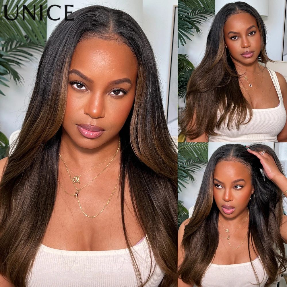UNice Chestnut Brown Yaki V Part Wig 100% Human Hair Wigs With Drawstring Beginner Friendly Glueless Wig 150% Density
