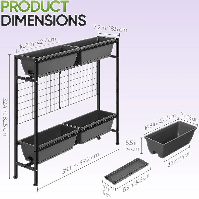 Elevated Flower Bed, 4 Planter Box w/Drainage Holes & Trellis for Balcony Patio