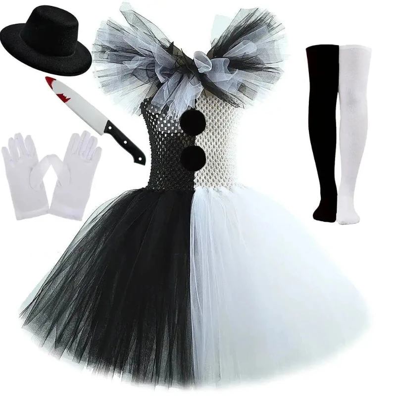 

White Black Scary Clown Costumes for Girls Carnival Party Tutus Children Horror Clothes for Kids Creepy Halloween Fancy Dress