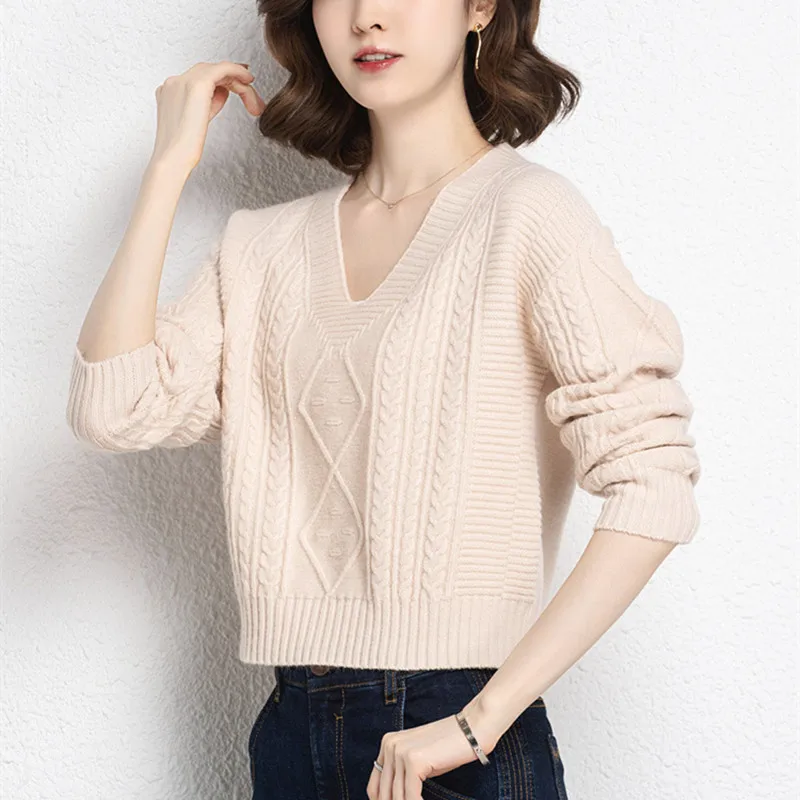 

V-Neck Warm Women's Sweater Spring Autumn Cotton Plush New Short Tops Pullovers Long Sleeve Sweaters Knitwears Pull Femme