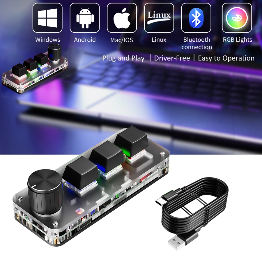 Kabellose mechanische Tastatur, 3-Tasten-Makrotastatur, Bluetooth, RGB, Hotswap-Knopf, benutzerdefinierte Tastenkombination, Gaming, OSU, Designer, programmierbar, Mini