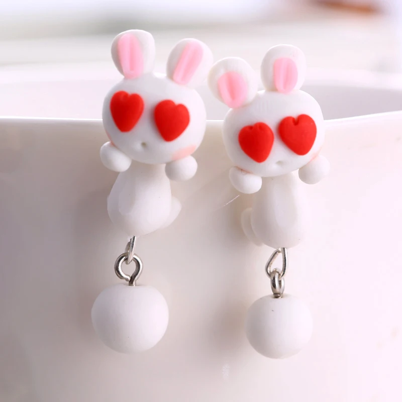 Handmade White Rabbit Polymer Clay Stud Earrings For Women Cute 3D Animal Front Back Ear Jackets Kawaii Bunny Earrings Brincos