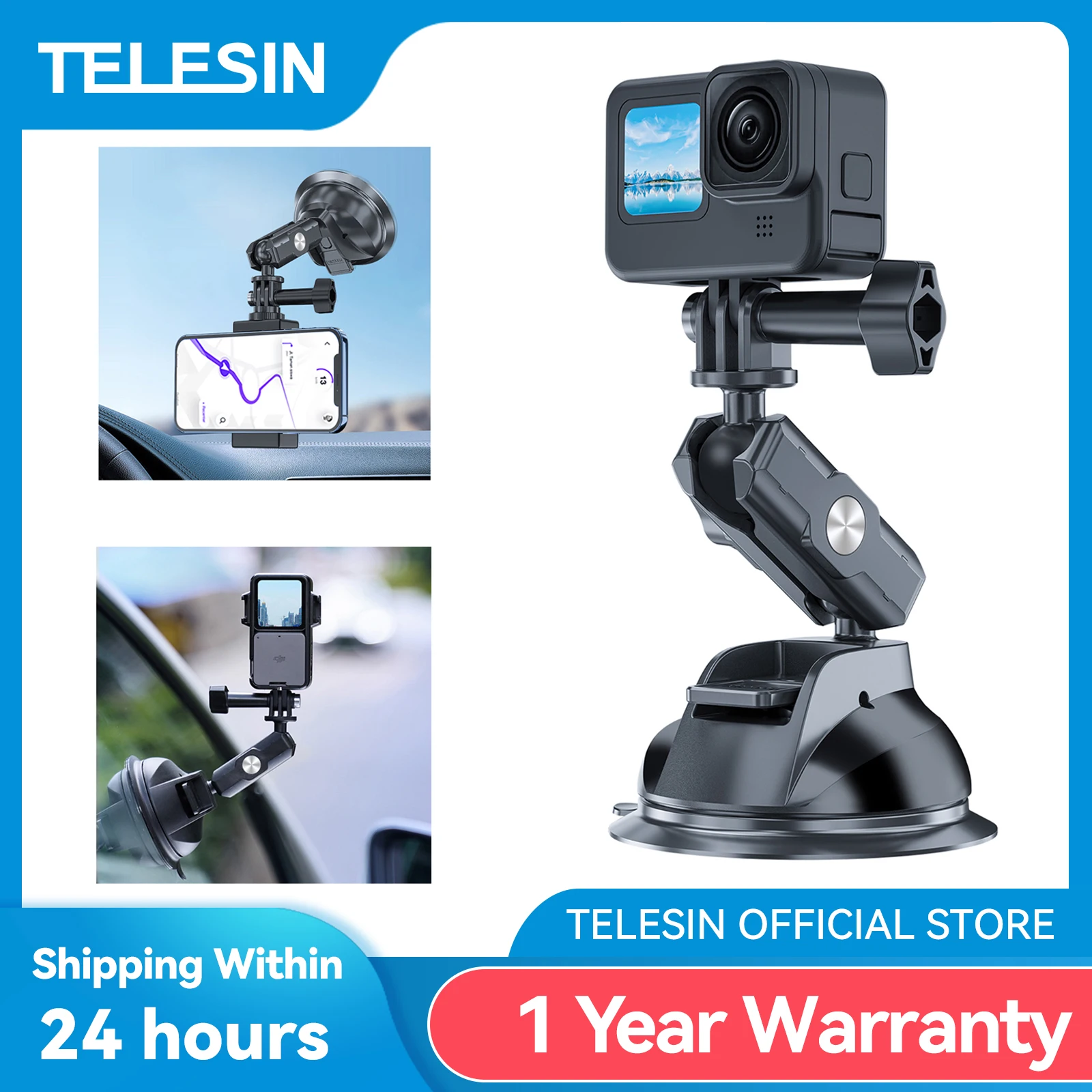 TELESIN Car Phone Action Camera Holder Suction Cup 360 Adjustable 1/4 Standard Adapter For GoPro Insta360 DJI Action Smart Phone