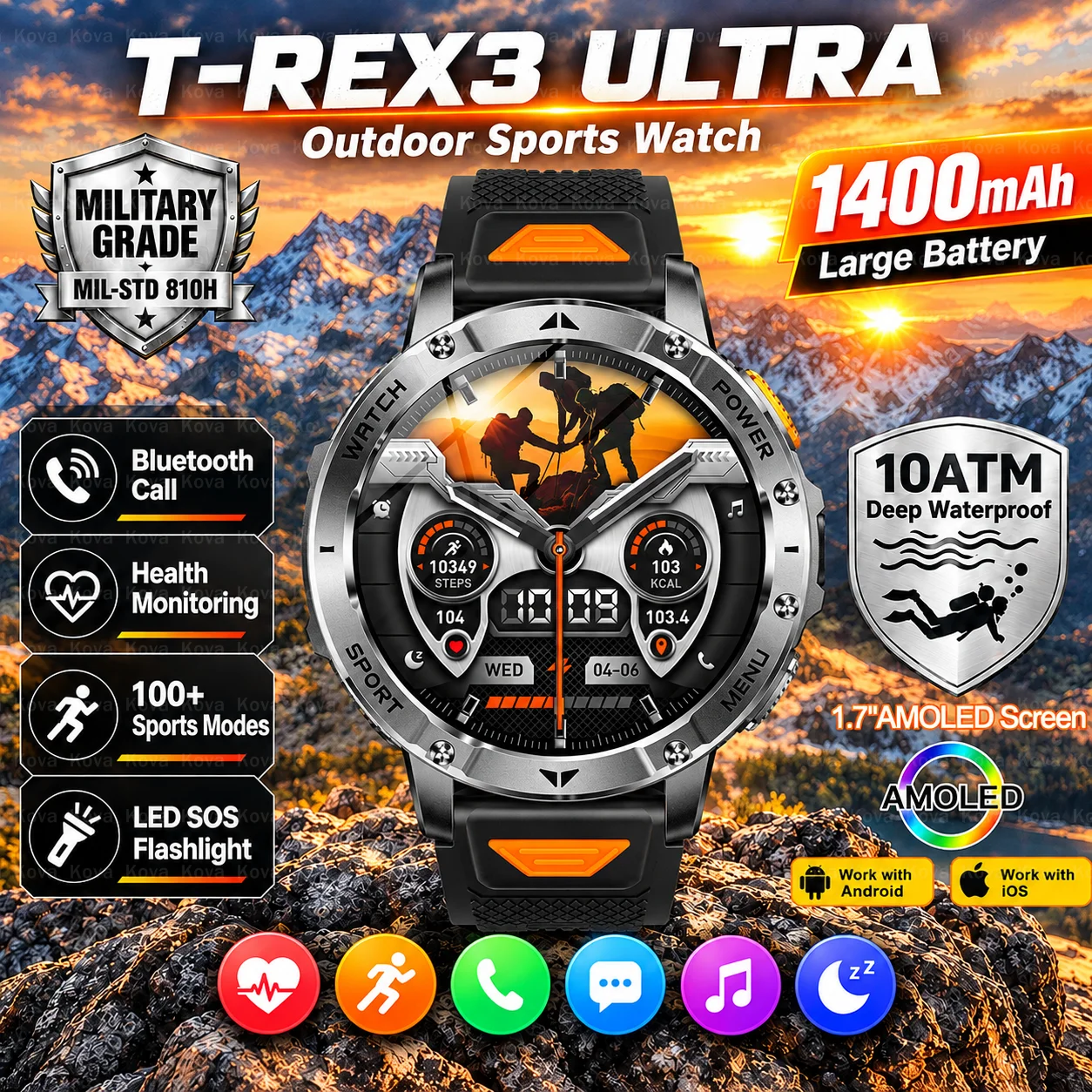 Military Smart Watch T-Rex 3 Built-in GPS Compass Altimeter Barometric 10ATM IP69K Waterproof AMOLED Bluetooth Call Smart Watch
