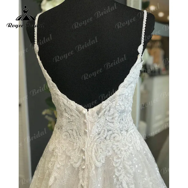 Abito da sposa con spalline sottili per donna Glitter lucido aperto sul retro in pizzo con scollo a V abiti da sposa Trouwjurk abito da sposa lungo de mariée