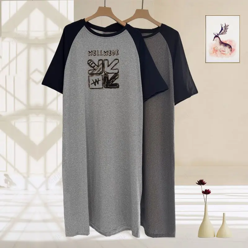 Plus Size Men Summer Short Sleeve Nightgown Loose Oversized Knee-length Bathrobe Fat Guys Comfortable Breathable Home Robe