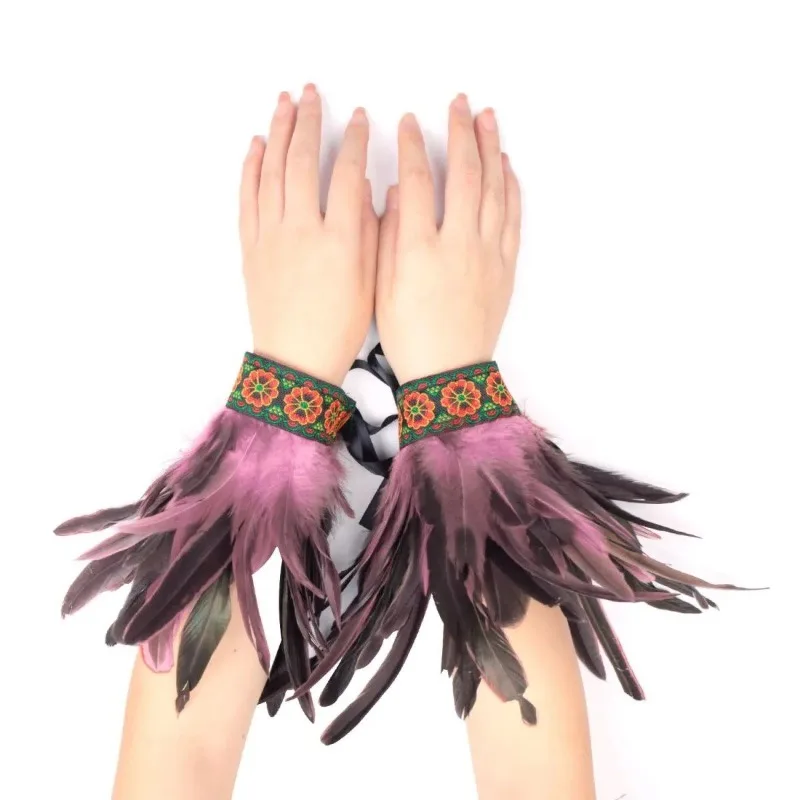 1 Pair Feather Gloves Ethnic Style Lace Cuffs Fashion Wrist Decoration Halloween Carnival Band Performance Feather Sleeves New